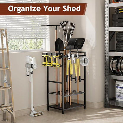 Garden Garage Tool Organizer - Yard Tool Organizer for Garage with 4 Hooks, Heavy duty Steel Garden Tool Rack Holds up to 48 Long Handled Yard tools for Storage