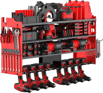Power Tool Organizer Wall Mount with 8-Drill Holders-400Lbs Load Heavy Duty Metal 4-Layers Garage Storage & Organization Battery Tools Rack with Side Panels Utility Racks Workshop Gifts for Men