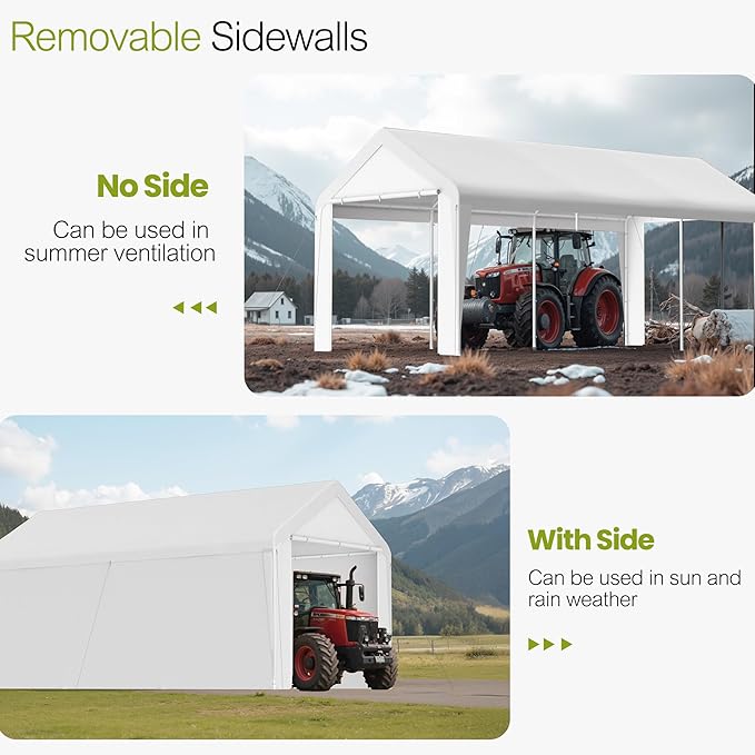 GOJOOASIS 10x20 Carport Heavy Duty Portable Garage Shelter Metal Car Canopy Tent with UV-Resistant & Weatherproof Top Cover for RV & Vehicles (White, 10x20 with sidewalls)