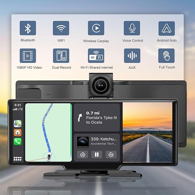 Wireless Car Stereo CarPlay Screen with 4K Dash Cam, 10.26" Apple Carplay & Android Auto Screen with 1080P Backup Camera/GPS Navigation/Mirror Link/Voice Control/Bluetooth