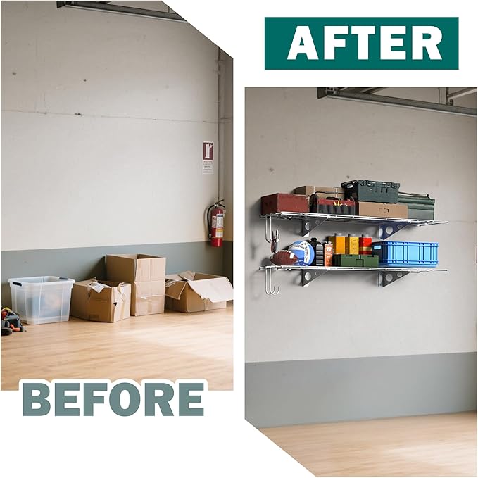 EVERHANGER Garage Wall Shelves, 12 X 48 Inch Wall Mounted Storage Shelves, Heavy Duty Metal Shelving with Hooks, 2 Pack, White