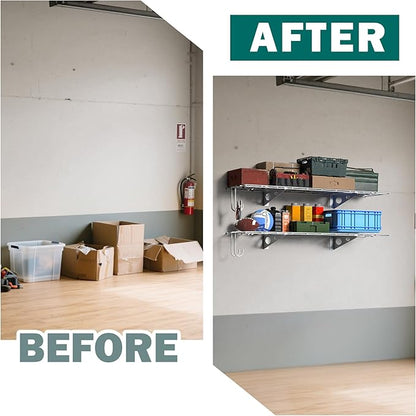 EVERHANGER Garage Wall Shelves, 12 X 48 Inch Wall Mounted Storage Shelves, Heavy Duty Metal Shelving with Hooks, 2 Pack, White