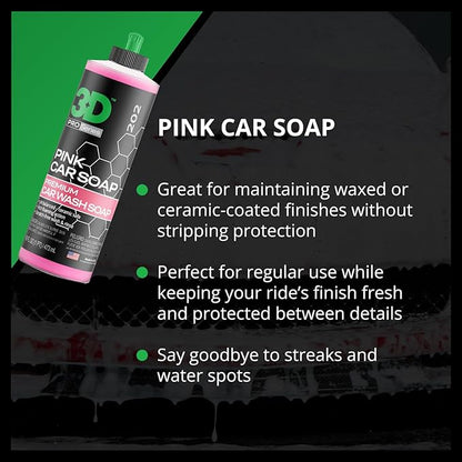 3D Pink Car Soap – 16 oz |pH Neutral Car Wash Soap with High Suds & Cherry Scent | Scratch-Free, High Gloss Shine | Safe on Wax & Sealants | Weekly Car Care