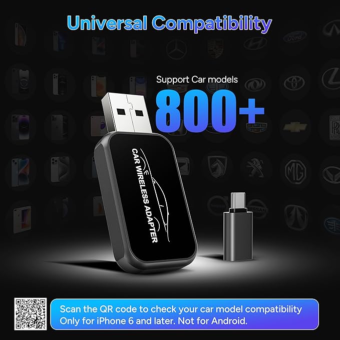 Wireless Carplay Adapter for iPhone 2025 Upgrade Wired to Wireless, No Latency, Car Bluetooth Adapter Plug & Play, Multi-User Seamless Ultra-Fast Connection with WiFi 6 & BT 5.3 Easy to Use