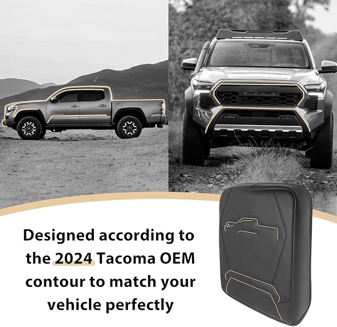 Muslogy Center Console Armrest Cover Compatible with 2024 Toyota Tacoma 2025+ 4Runner Accessories Armrest Lid Protector Vegan Leather Cushion Regular Thick(Black/Black Stitching)