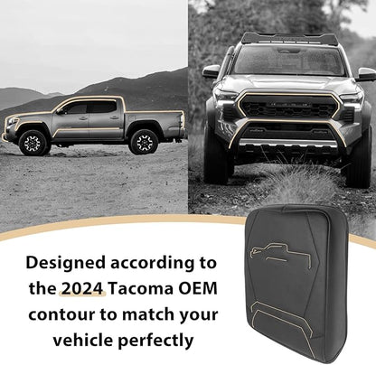 Muslogy Center Console Armrest Cover Compatible with 2024 Toyota Tacoma 2025+ 4Runner Accessories Armrest Lid Protector Vegan Leather Cushion Regular Thick(Black/Black Stitching)