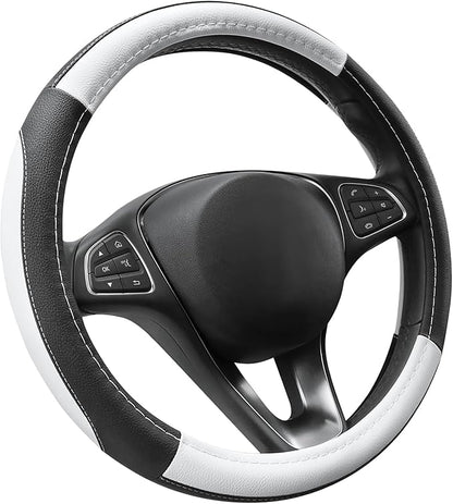 SEG Direct Car Steering Wheel Cover Universal Standard Size 14.5-15 inch, Black and White Microfiber Leather