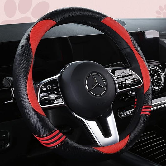 Car Steering Wheel Covers for Women Padded Carbon Fiber PU Leather Cute Auto Interior Accessories for Vehicle, Sedan, Universal, Anti Slip, Red, Standard Size 14.5-15"(37-38cm)