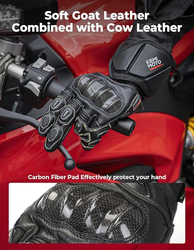 KEMIMOTO Leather Motorcycle Gloves for Men and Women, Riding Racing Gloves with ESA Cushioning Kevlar Carbon Fiber Knuckle Protection for Dirt Bike Motorbike Outdoor Sports