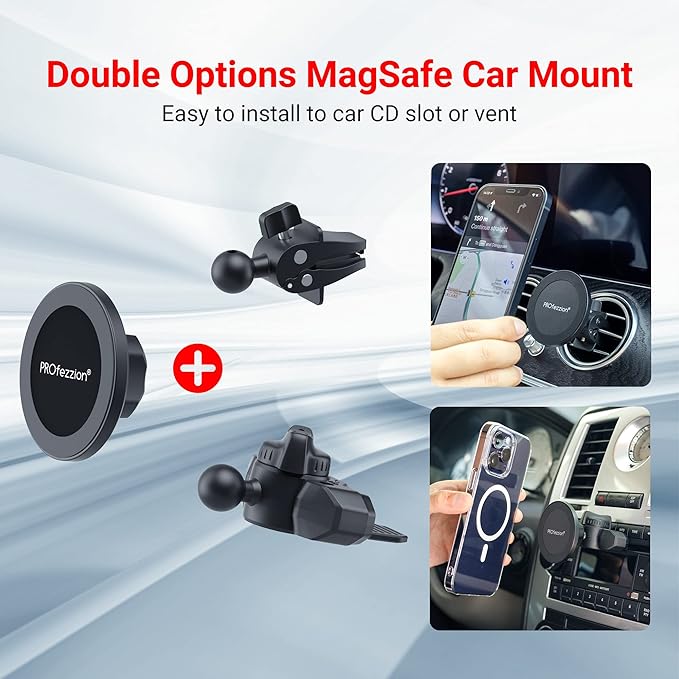 PROfezzion CD Slot & Vent Clip Combo Magnetic Phone Holder Compatible with MagSafe on Car CD Player Slot or Air Vent for iPhone 16 15 14 13 12 Pro Max Plus, Mag-Safe Case & All Phones