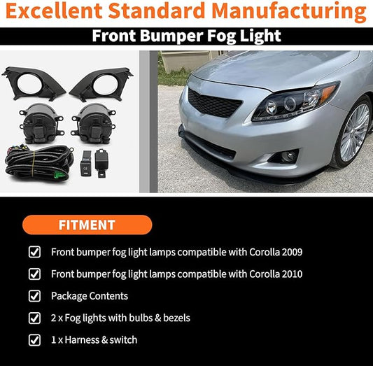 Fog Light Assembly Compatible with Corolla 2009-2010 Fog Lamp w/H11 12V 55W Halogen Bulbs & Bezels & Harness & Switch