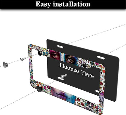 License Plate Frames for Women Multicolor Plate Cover for Men Sugar Skull Universal Aluminum Car Accessory 2 Pack with Screw Covers Set
