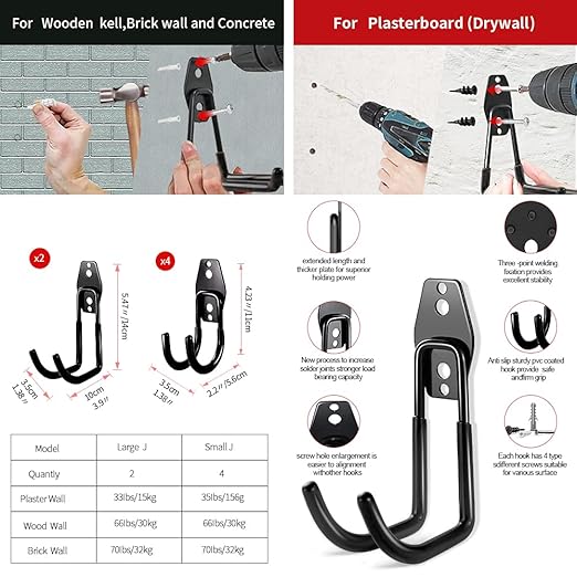 3-H Garage Wall Hooks 10 Pack, Heavy Duty Garage Hooks with Extra Welding Spots, Wall Mount Storage Organizer for Hanging Garden Lawn Tools, Chair, Shovel, Blower, Toolkit (Black)