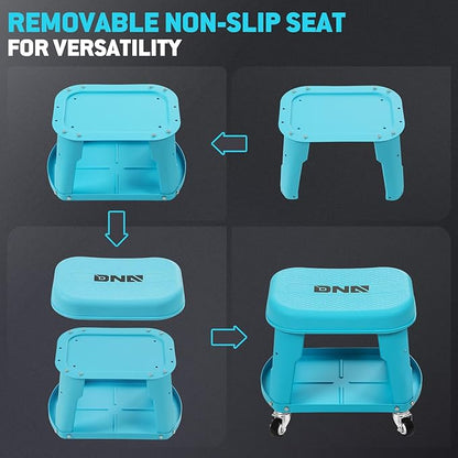 DNA MOTORING Removable Rolling Garage Stool with Seat Cushion & Tool Tray Plate, 300lbs Max Weight Capacity, Blue, TOOLS-00479