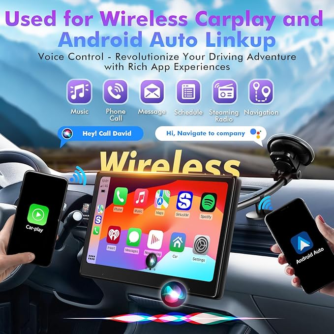 10" Touch Screen for Car, Used for Wireless Apple Carplay Android Auto MirrorLink, Portable Car Stereo with Bluetooth 2K Front Dashcam, 1080P Rear Dashcam Backup Camera