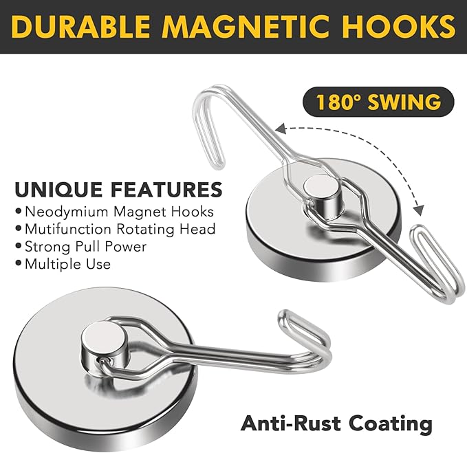 MIKEDE Magnetic Hooks Heavy Duty, 110LB Swivel Swing Strong Magnetic Hooks Cruise,Neodymium Hook Magnets for Home, Kitchen, Workplace, Metal Door, Office and Garage - Pack of 4