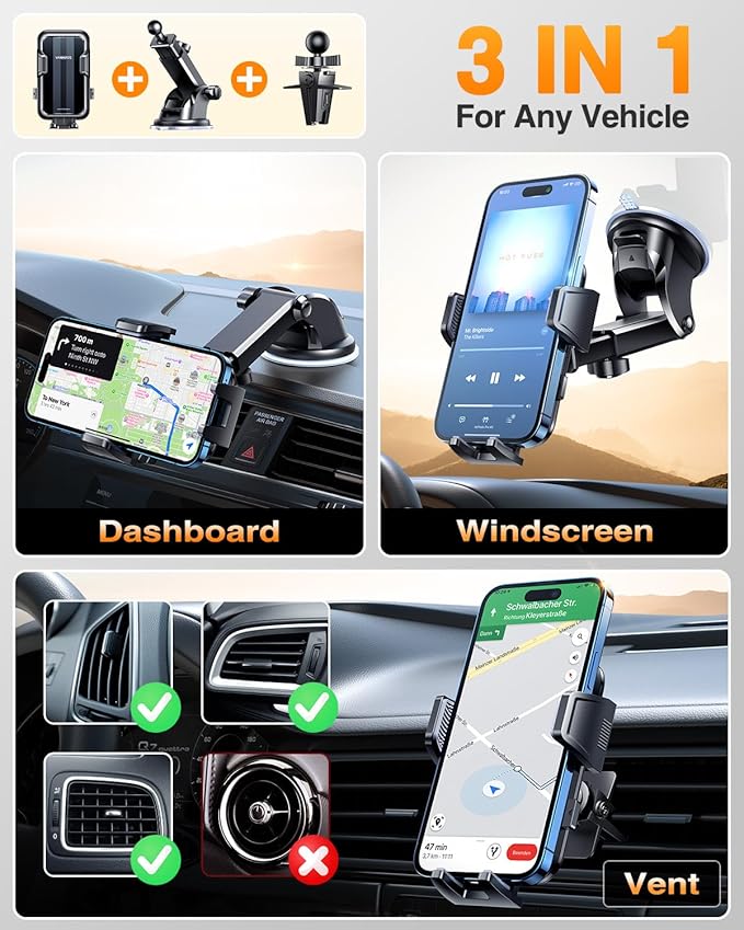 VANMASS 2025 Upgraded Car Phone Mount, [85+ LBS Strongest Suction] Patent Safety Cell Phone Mount Windshield Dashboard Vent Truck Accessories Stand Cradle for iPhone 16 Pro Max 15 14 13 Android