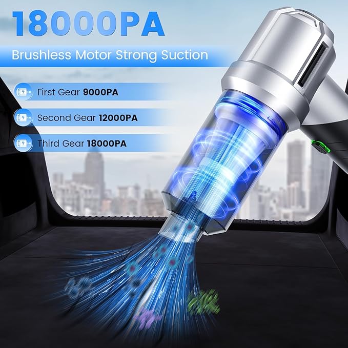 Arify Pro Car Vacuum Portable Cordless with 18000PA Super Suction, 4 in 1 Portable Air Blower/Car Vacuum 90°Foldable Handheld Rechargeable Brushless Motor for Home, PC