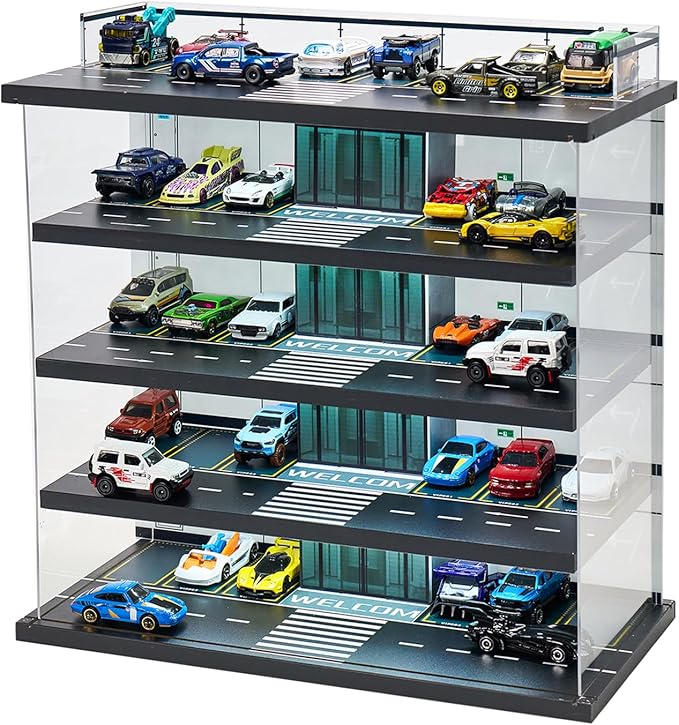 Display Case Compatible with Hot Wheels Garage & Matchbox Cars with LED Light 1/64 Scale Diecast Toy Cars Storage Case 5 Level Holds Max 75 Cars Storage Case for Hot Wheels Garage Gifts for Collector