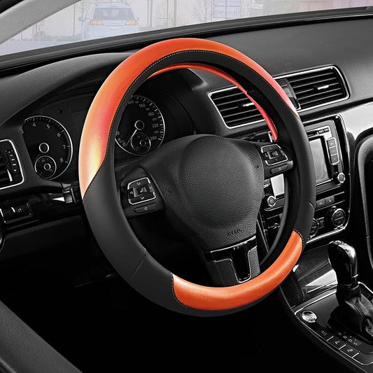 Road Comforts Steering Wheel Cover – Breathable Leather Steering Wheel Cover, Anti-Slip Grip, Universal Fit 14.5” to 15”, Heat & Cold Resistant for Cars, SUVs, and Trucks – Black & Orange