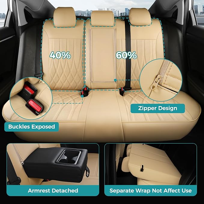 Seat Covers for Honda Civic Hatchback EX, Sport Touring, EXL 2016 2017 2018 2019 2020 2021, Faux Leather Car Seats Cover Full Set(Rear Row 40/60 Split & Folding Backrest)-Beige