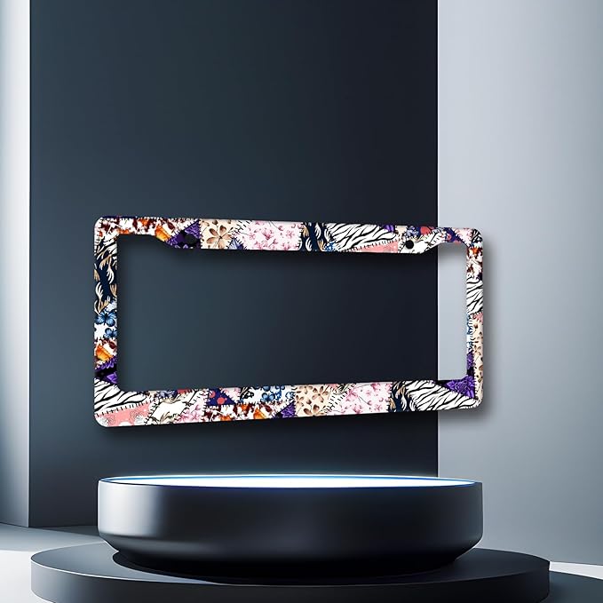 Abstract Art Flowers License Plate Frame Colorful Floral License Plate Holder Stainless Steel Funny Design 12.3" x 6.3"Compatible with Standard License Plate for USA Canada