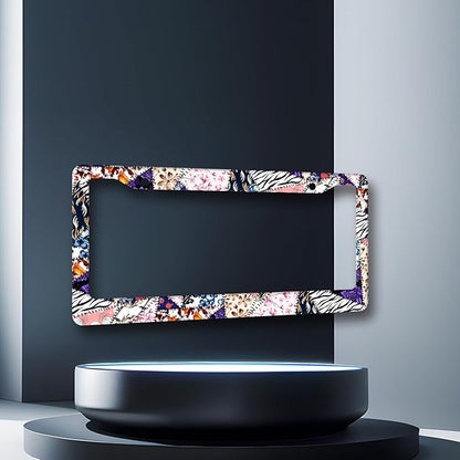 Abstract Art Flowers License Plate Frame Colorful Floral License Plate Holder Stainless Steel Funny Design 12.3" x 6.3"Compatible with Standard License Plate for USA Canada