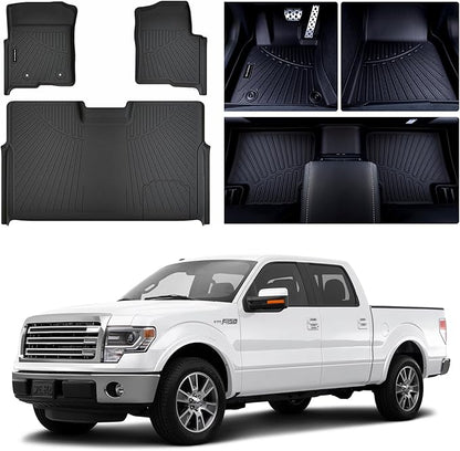 Floor Mats for Ford F-150 SuperCrew Cab 2010-2014, All-Weather Custom Fit, Front & 2nd Row, 3-Piece Set, Black