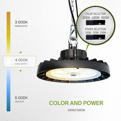 ASD LED High Bay UFO Light Fixture, Commercial Shop Lighting | 3CCT, Dimmable, IP69K Waterproof, DLC Premium, UL Listed | 200W 31900LM 3000-5000K 100-277V | Warehouse, Garage, Workshop Lamp | Black