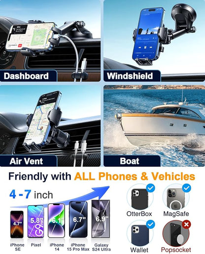 [True Military-Grade & 360 Degrees Rotatable Suction] 2025 YRU Ultimate Car Phone Holder Mount 【90+LBS Safest Strongest & Patent Certs】Dashboard Windshield Vent for iPhone 16 15 Pro Max Samsung, Black