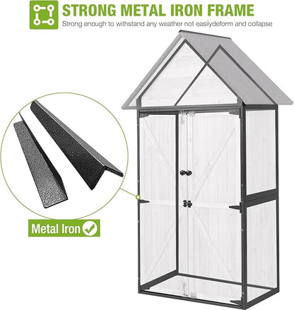 GUTINNEEN Sheds Outdoor Storage Wooden Garden Tool Shed with Metal Frame Sloped Roof and Adjustable 3 Tiers Shelves Outdoor Storage Cabinet for Backyard Garden Patio Lawn 67.1"(Off White)