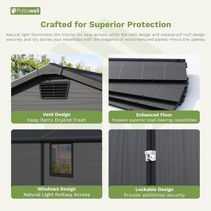 Patiowell 6x10 FT Outdoor Plastic Storage Shed with Floor - Lockable Resin Tool Shed, 2 Windows, Easy Assembly for Garden/Backyard (Dark Grey)