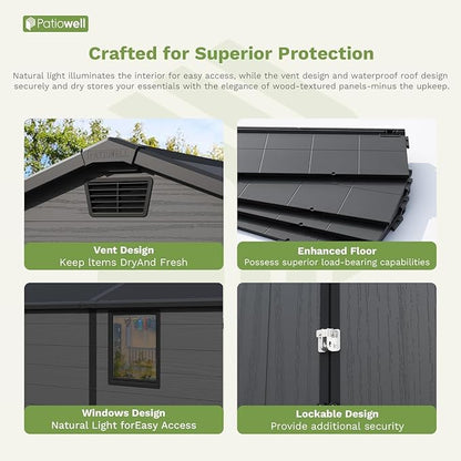 Patiowell 6x10 FT Outdoor Plastic Storage Shed with Floor - Lockable Resin Tool Shed, 2 Windows, Easy Assembly for Garden/Backyard (Dark Grey)