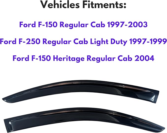 KPY Window Visor Compatible with 1997-2003 Ford F150, 2004 F150 Heritage, 1997-1999 F250, Rain Guard Vent Deflector Tape-On, 1998 1999 2000 2001 2002 (Regular Cab Only)