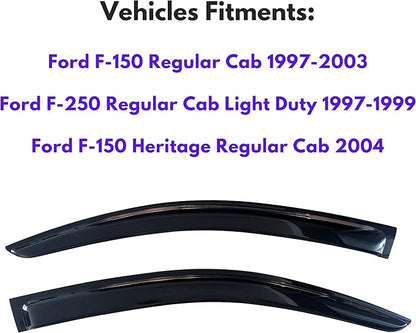 KPY Window Visor Compatible with 1997-2003 Ford F150, 2004 F150 Heritage, 1997-1999 F250, Rain Guard Vent Deflector Tape-On, 1998 1999 2000 2001 2002 (Regular Cab Only)
