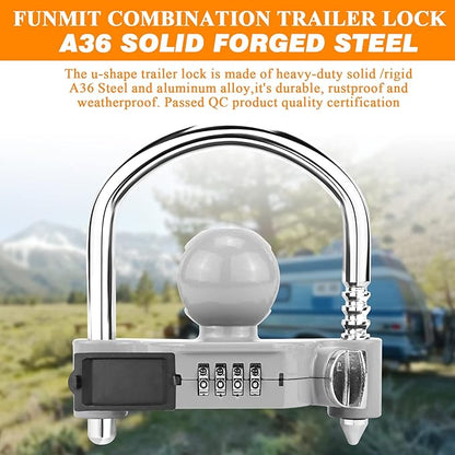 Funmit Trailer Lock Universal Hitch Lock with Combination Lock, fit 1-7/8", 2", 2-5/16" Coupler, Camper Accessories for Travel Trailers Boats Trucks Rvs Grey