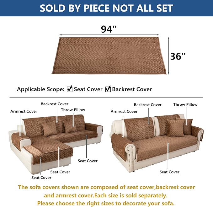 Eismodra Couch Cover,Sectional Couch Covers,Sofa Covers for 3 Cushion Couch,Anti-Slip Sofa Slipcovers for Dogs Cats Kids Loveseat Recliner L Shaped Armrest Backrest,Brown 36''x94''(Only 1 Piece)