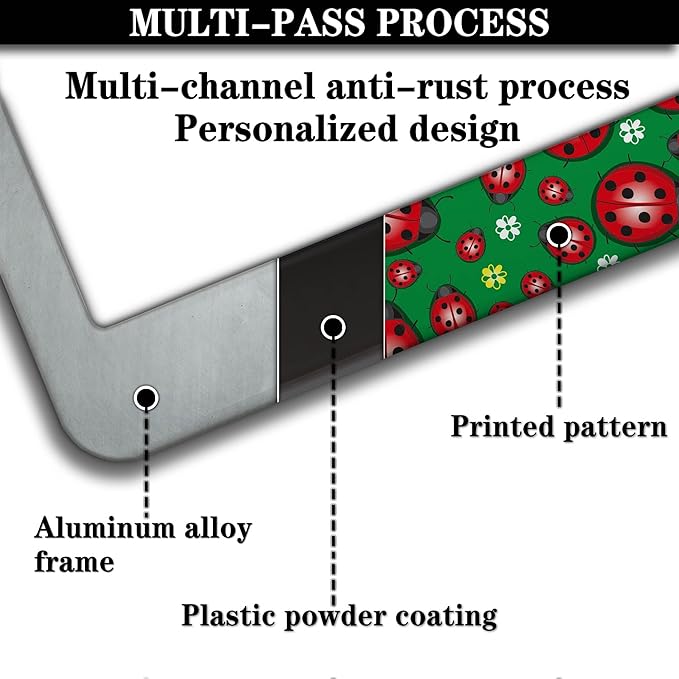 License Plate Frame Red Green License Plate Protector Cute Ladybug and Flowers Universal Aluminum Car Accessory 2 Pack with Screw Covers Set