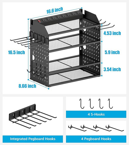 CCCEI Modular Desk Power Tools Organizer with Charging Station, 4 Layer Drills Battery Storage Wall Mount, Garage Shop Organization, Anniversary, Birthday, Gifts for Men, Father, Black, 10FT Cord.