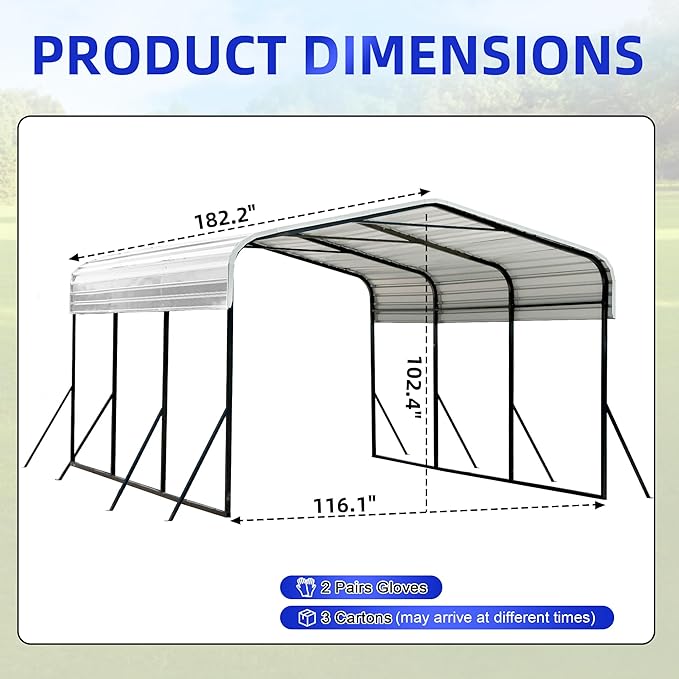 10x15 Metal Carport with Base Fixings Heavy Duty Garage Outdoor Chrome Plated Frame and Sheet Metal Construction Suitable for Boats, Cars, Tractors and Agricultural Equipment, White
