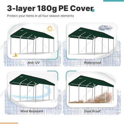 Carport Replacement Canopy Cover for Car Tent Top Garage Shelter Cover Tarp with Ball Bungees (Only Top Cover, Frame Not Include) (Green, 10’ x 20‘)