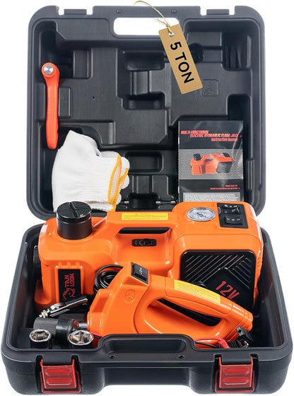 Electric Car Jack Kit with Hydraulic Lift 5-Ton, Tire Inflator & Impact Wrench Heavy-Duty 12V Floor Jack for Sedans,SUVs,MPVs & Trucks.Ideal for Tire Changes & Garage Repairs (with Electric Wrench)