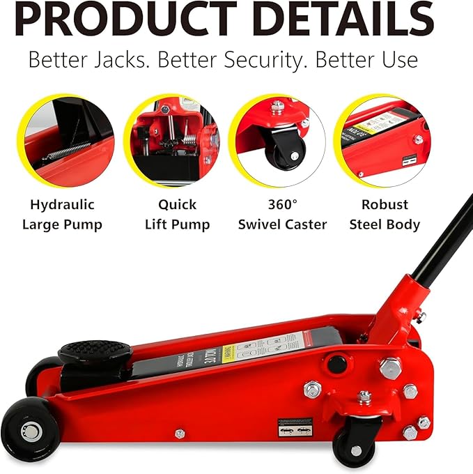 3 Ton Low Profile Floor Jack, Heavy Duty Floor Jack with Single Piston Quick Lift Pump, Steel Car Jack Adjustable Height 5.1"-20", Hydraulic Trolley Floor Jacks 3 Ton/6000 LB Capacity, Red