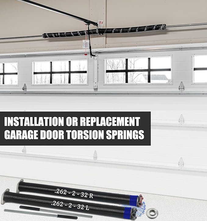 Garage Door Torsion Spring Set, Pair of 2" Electrophoresis Coated Garage Door Spring Replacement with 2 Non-Slip Winding Bars and Bearing, Minimum 16000 Cycles (.262x2x32")