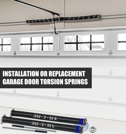 Garage Door Torsion Spring Set, Pair of 2" Electrophoresis Coated Garage Door Spring Replacement with 2 Non-Slip Winding Bars and Bearing, Minimum 16000 Cycles (.262x2x32")
