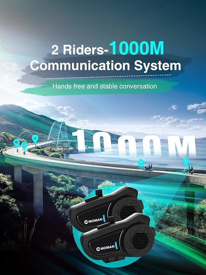 Moman Motorcycle Intercom, H2 Pro【2 Pack Carbon】 Helmet Headset Wireless Communication System to 1000M with DSP&CVC Noise Cancellation IP65 Waterproof FM, Motorcycle-Intercom-Headset-Helmet-Motobike
