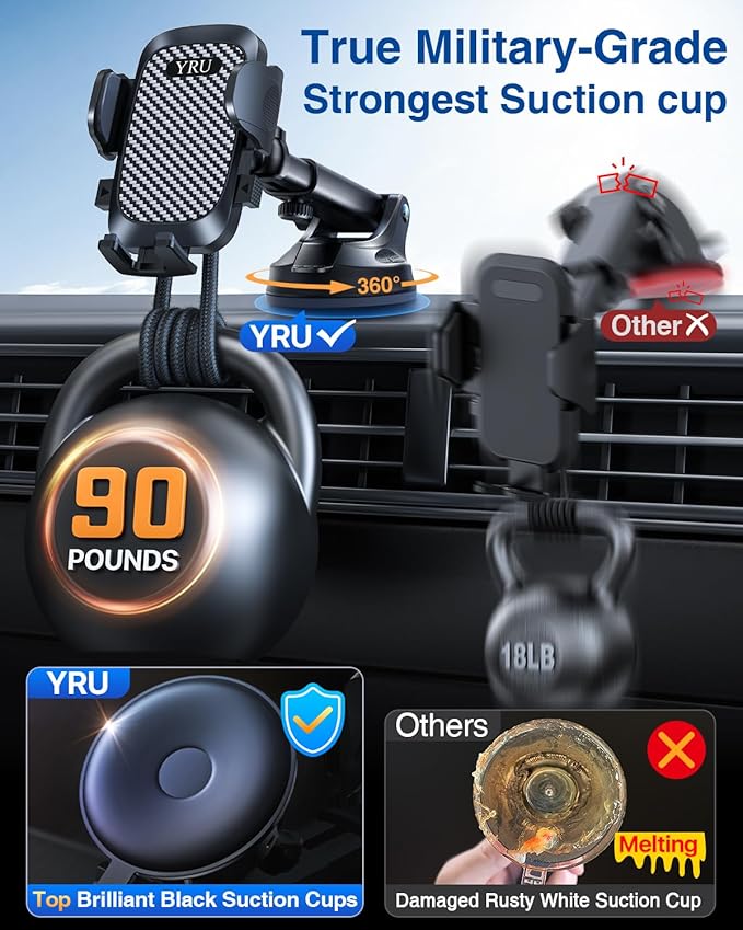 [True Military-Grade & 360 Degrees Rotatable Suction] 2025 YRU Ultimate Car Phone Holder Mount 【90+LBS Safest Strongest & Patent Certs】Dashboard Windshield Vent for iPhone 16 15 Pro Max Samsung, Black