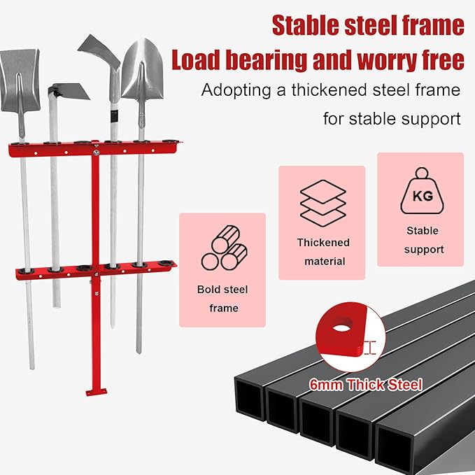 Vertical Hand Rack for Enclosed Landscaping Truck Trailer Garage or Shed Walls Holds 6 Tools for Shovels, Rakes, Hoes, Open Trailer Storage, 1 Pack (Red)