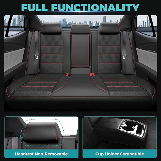 Leather Seat Covers for Toyota Camry 2025 LE SE Hybrid - Custom Fit Car Seat Cover Full Set, Luxury Waterproof Interior Accessories, Breathable Automotive Cushion Protectors, Black Red Trim