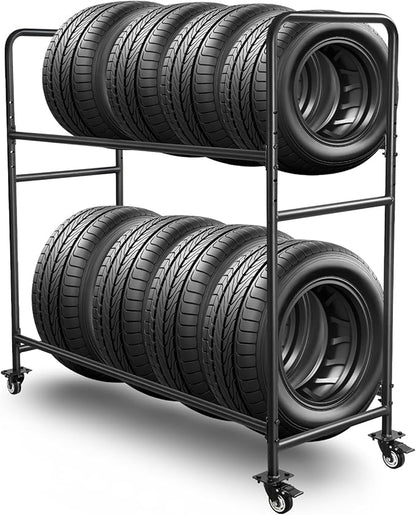 Tire Rack, Adjustable Height Metal Rolling Storage Rack 60" x 59" x 21" for Garage, Warehouse, Indoor Outdoor Use, Holds Firewood & Tires